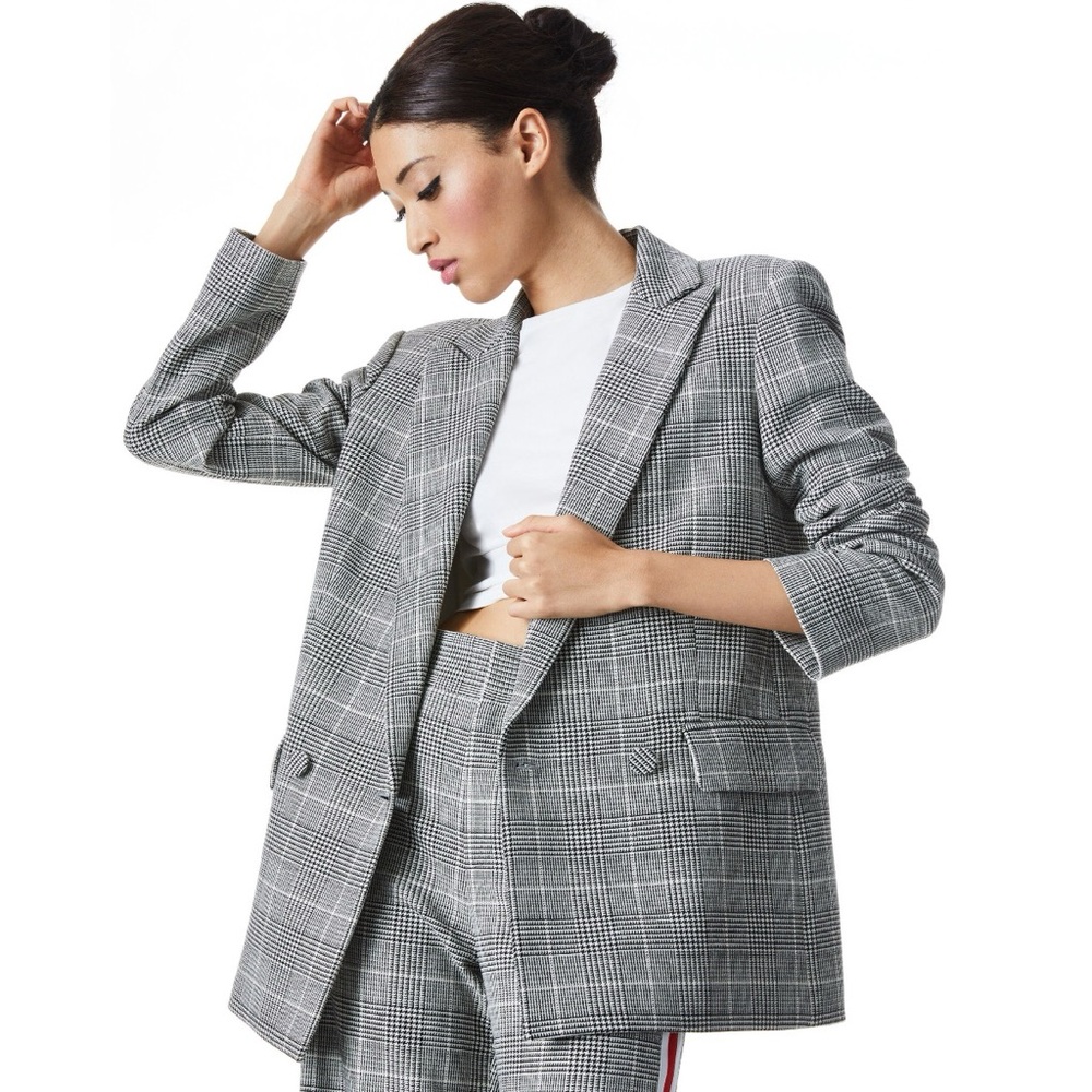 Alice + Olivia Arias Blazer (Sz 8) Strong Shoulder Jacket Black White Glen Plaid